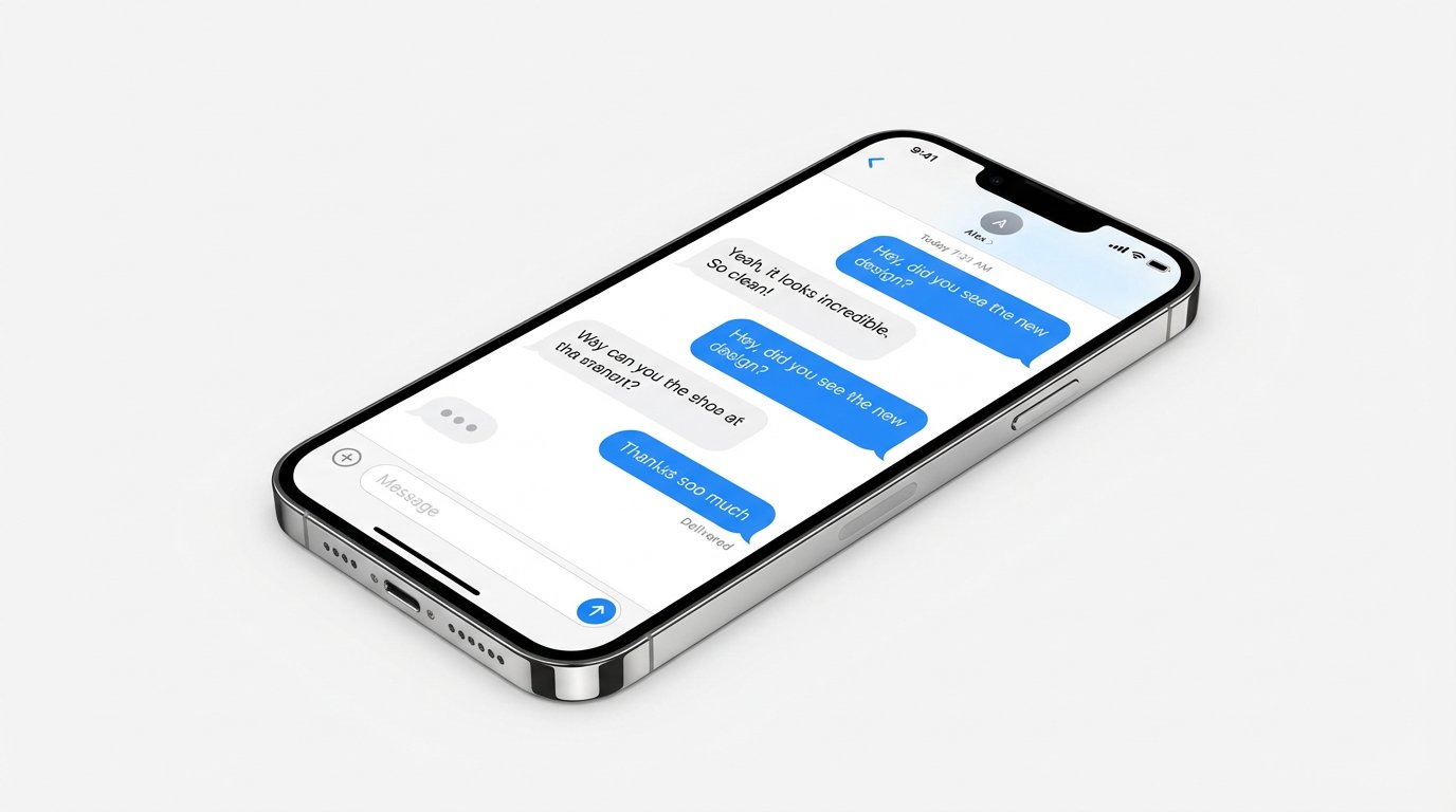 A modern high-end smartphone showing a clean chat interface with blue and white message bubbles, isolated on a clean white background, 3d render, high quality